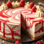 Creamy white chocolate raspberry swirl cheesecake with a golden crust, marbled raspberry swirls, and a drizzle of raspberry sauce. Topped with fresh raspberries and white chocolate curls, served in a cozy, rustic setting.