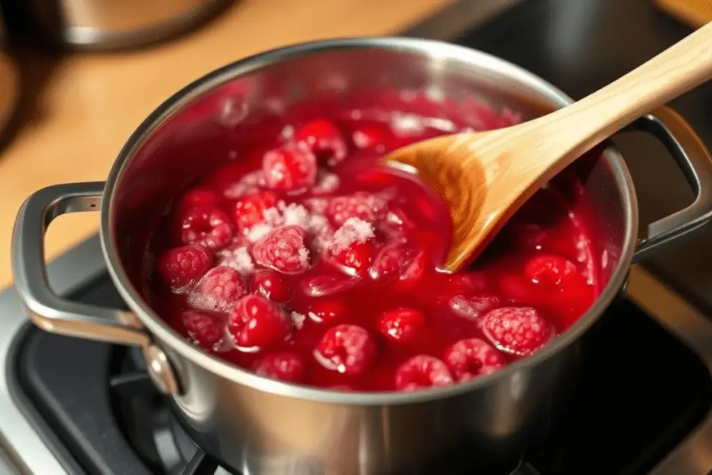 A saucepan with fresh raspberries and sugar simmering into a rich, vibrant red raspberry sauce for the cheesecake swirl.