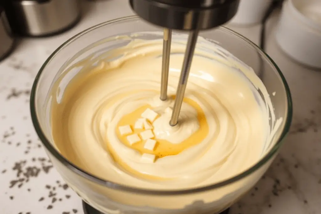 A bowl of creamy white chocolate cheesecake batter being mixed, creating a smooth and rich consistency.