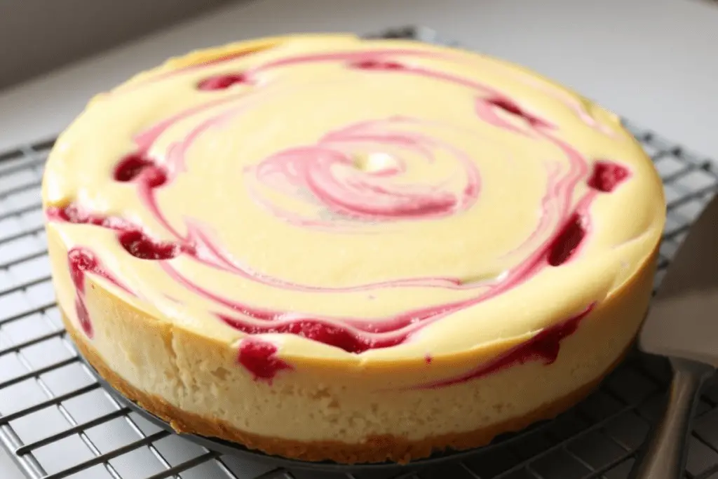 A freshly baked white chocolate raspberry swirl cheesecake cooling on a rack, with a golden top and vibrant red swirls.