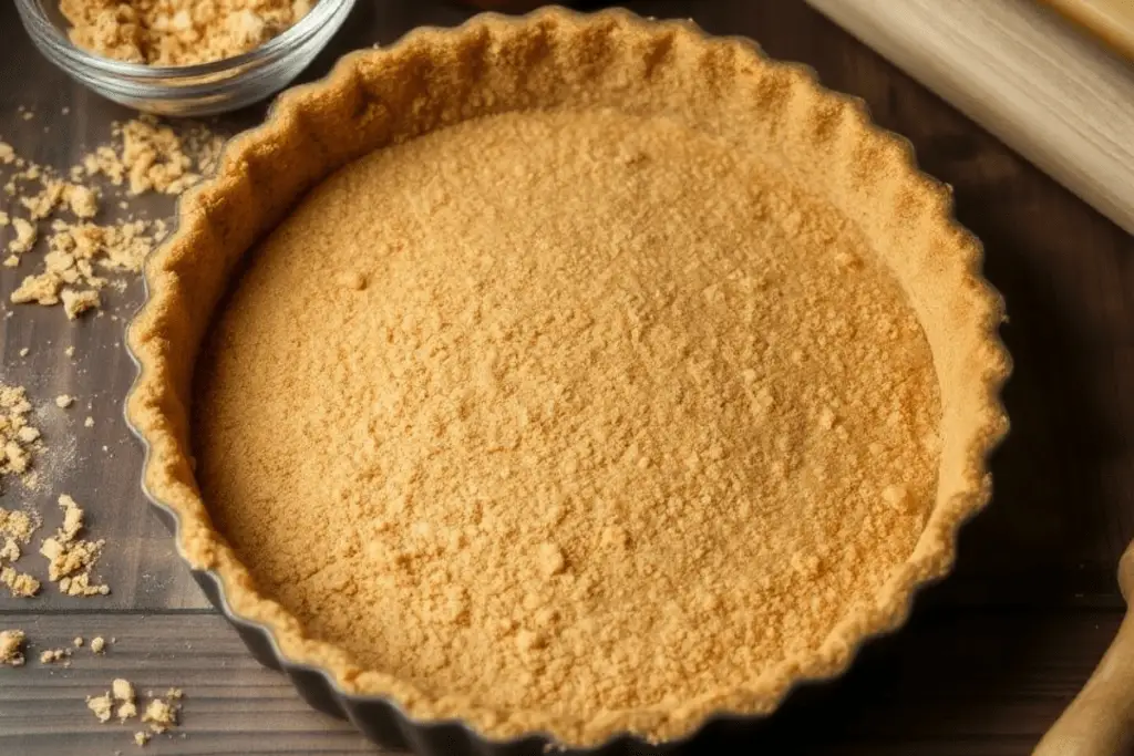 Golden graham cracker crust with a buttery, crumbly texture, evenly pressed into a baking dish. Set in a rustic kitchen with baking ingredients like cracker crumbs and melted butter nearby.