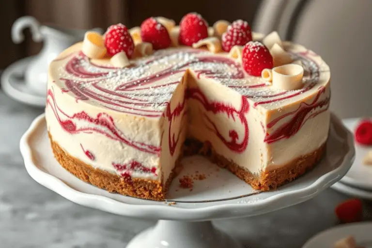 A beautifully garnished white chocolate raspberry swirl cheesecake topped with fresh raspberries and white chocolate curls, ready to be served.