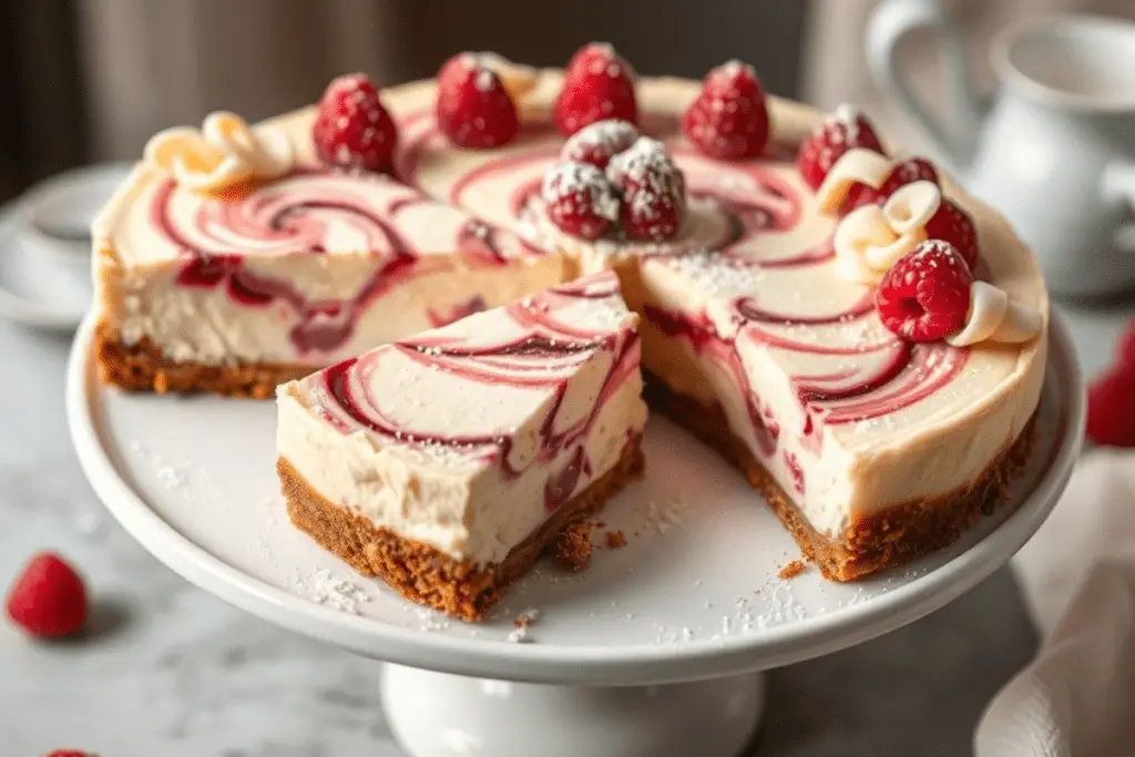 A set of 3 pieces of baked and chilled White Chocolate Raspberry Swirl Cheesecake missing a piece on a white cake stand.