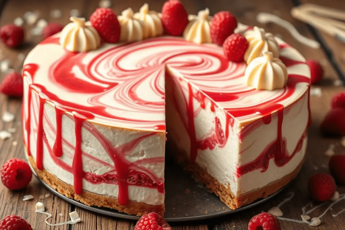 Creamy white chocolate raspberry swirl cheesecake with a golden crust, marbled raspberry swirls, and a drizzle of raspberry sauce. Topped with fresh raspberries and white chocolate curls, served in a cozy, rustic setting.