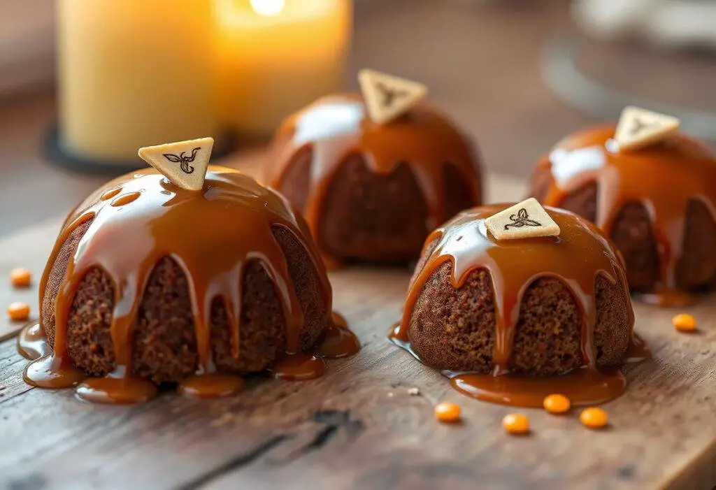 Golden honey cakes infused with Firewhisky, drizzled with honey glaze, and topped with red and gold sugar crystals. Set on a rustic wooden platter with a warm, fire-lit background, reflecting Gryffindor’s bold spirit.