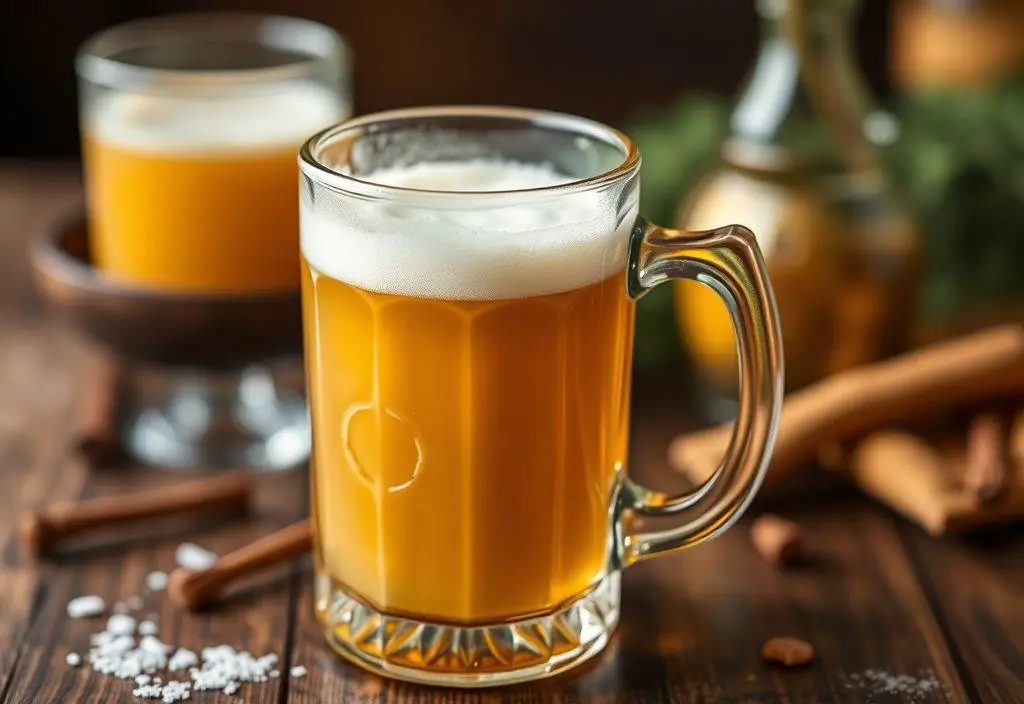 A glass mug of homemade Butterbeer topped with frothy butterscotch foam and drizzled with syrup, ready to serve.
