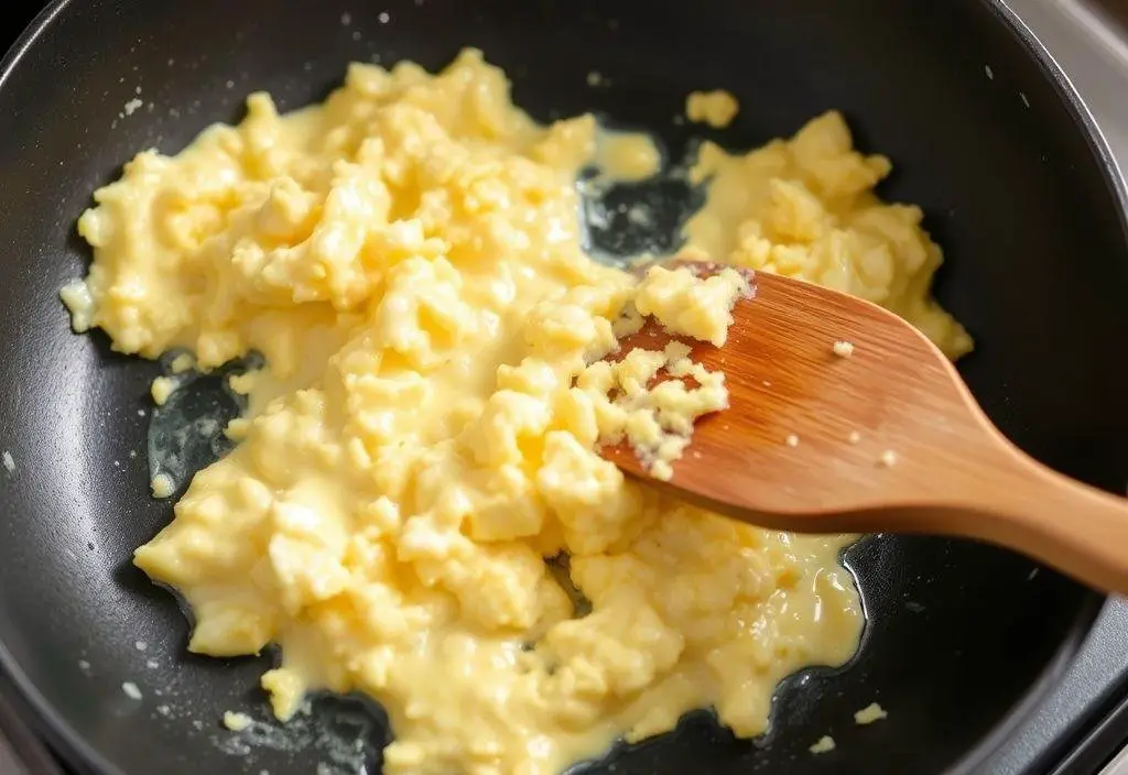 A skillet with fluffy scrambled eggs  being cooked for a hearty breakfast roll filling.