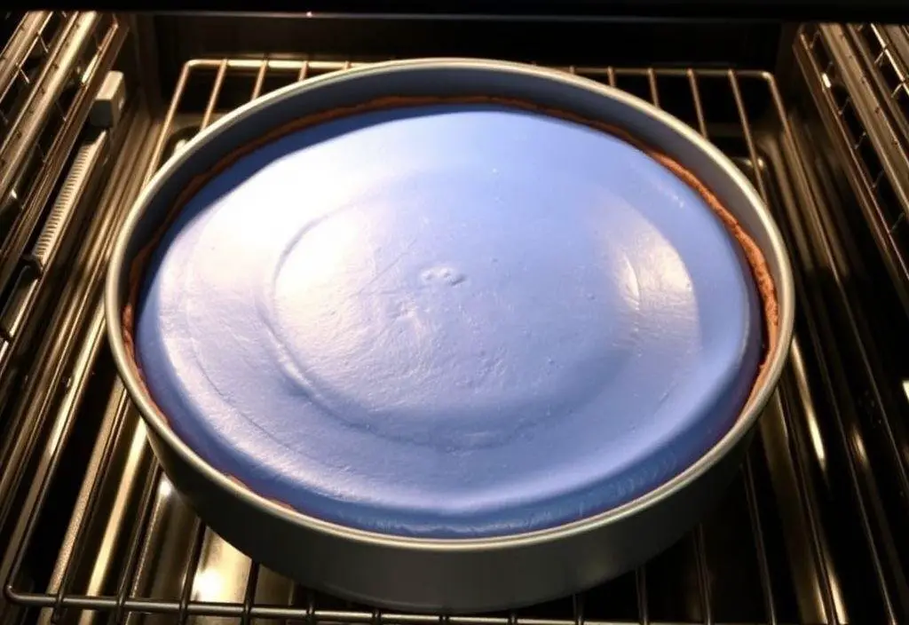 A vibrant blue Ravenclaw-inspired cheesecake cooling on a wire rack after baking, ready to be chilled