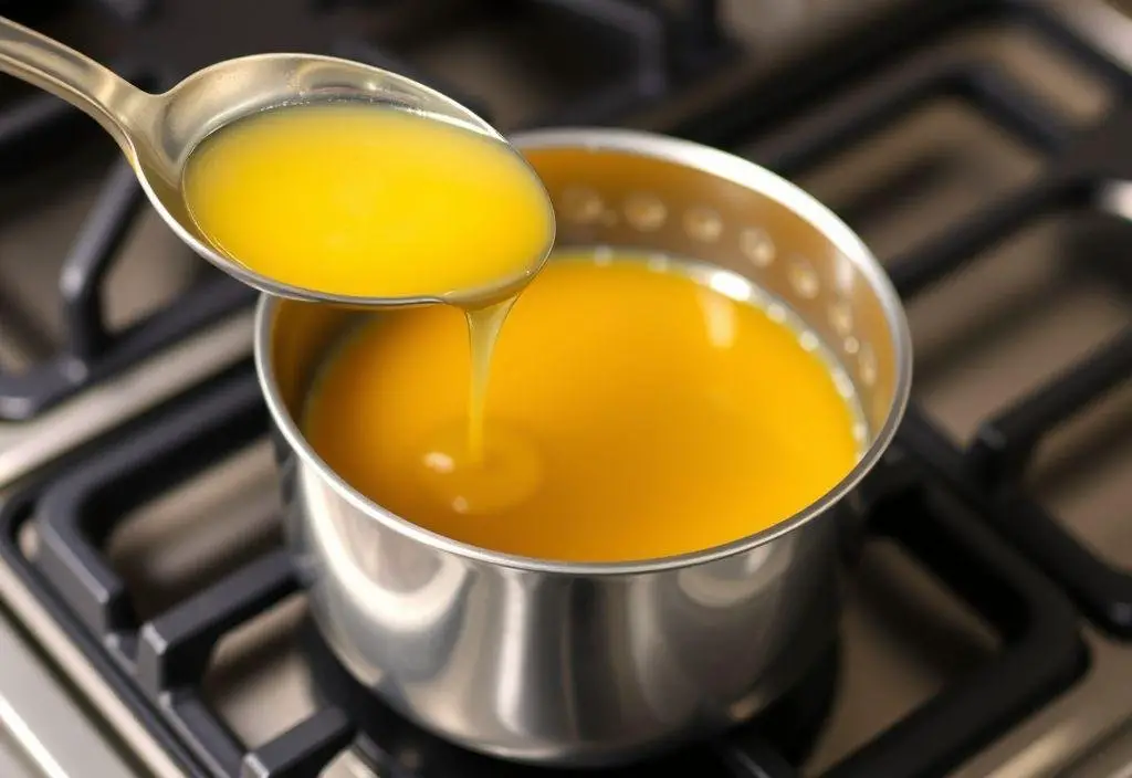 A saucepan with a glossy, golden lemon glaze being stirred, creating a tangy topping for the cheesecake.