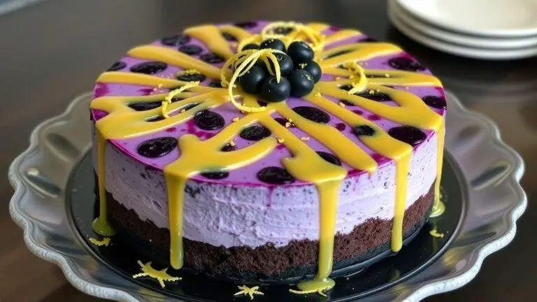 A beautifully plated Ravenclaw Blueberry Velvet Cheesecake with a golden lemon glaze, fresh blueberries, and a rich blue interior, ready to be served.