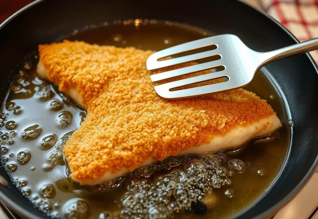 A crispy golden fish fillet frying in hot oil, with bubbles surrounding the edges for a perfect crunch.