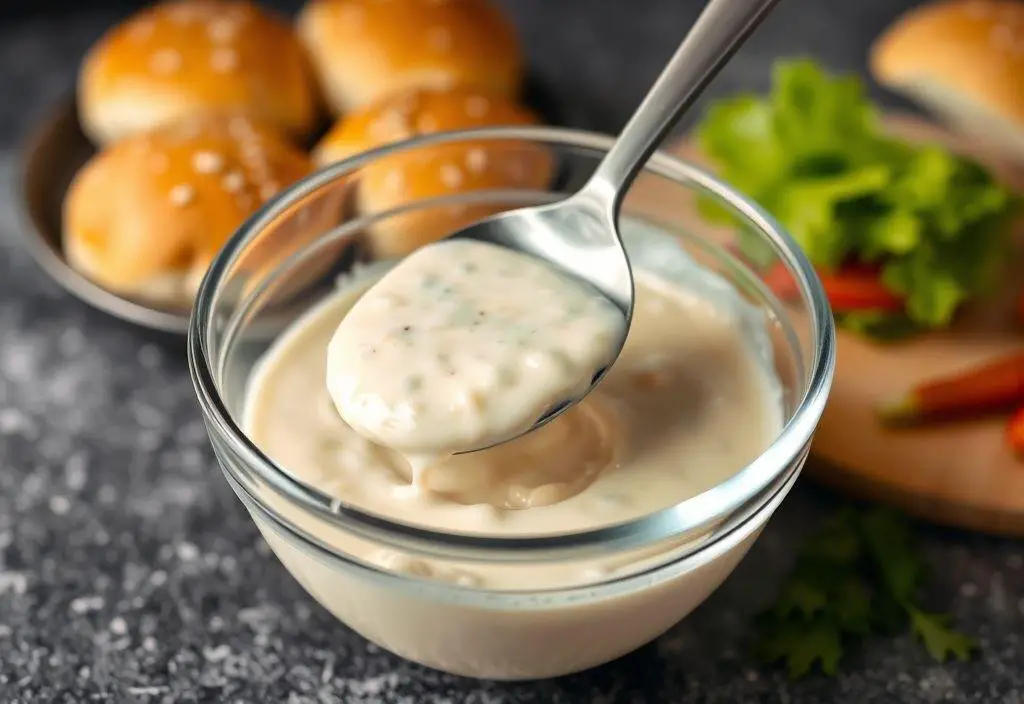 A bowl of tartar sauce and toasted buns in the background , ready to be assembled into a Filet-O-Fish sandwich