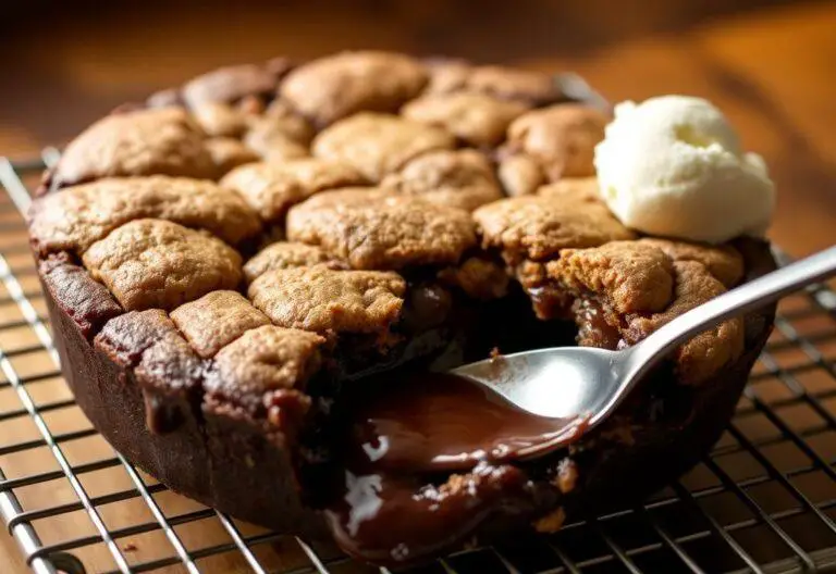 A Southern Chocolate Cobbler served on a cooling wrack while a spoon takes a portion revealing the gooey chocolate inside.