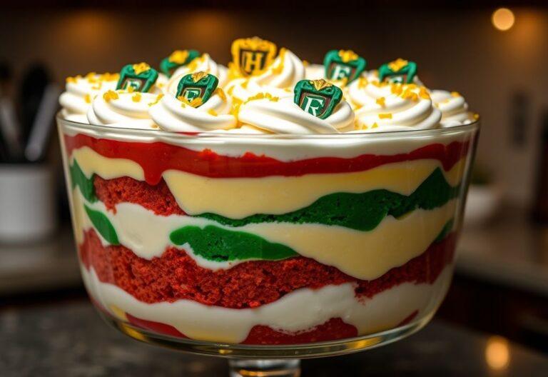 Hogwarts House Pride layered trifle with colorful cake, creamy pudding, and whipped cream, topped with gold sprinkles and edible house crest decorations. Served in a magical, cozy setting with soft candlelight.